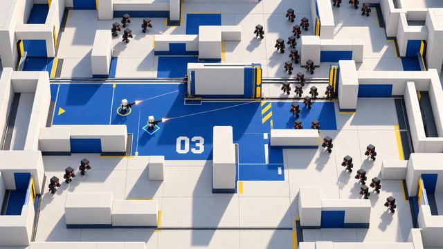 Concept art, not final: overhead render of Room 03, two players holding a cobalt floor zone against a horde.